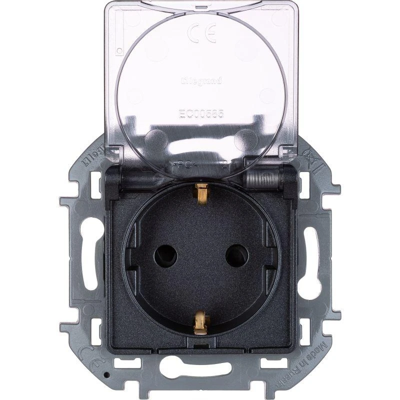 Inspiria(группа Legrand)  | Розетка 1-м СП Inspiria 16А IP44 250В 2P+E защ. шторки с крышкой немецк. стандарт механизм антрацит Leg 673743