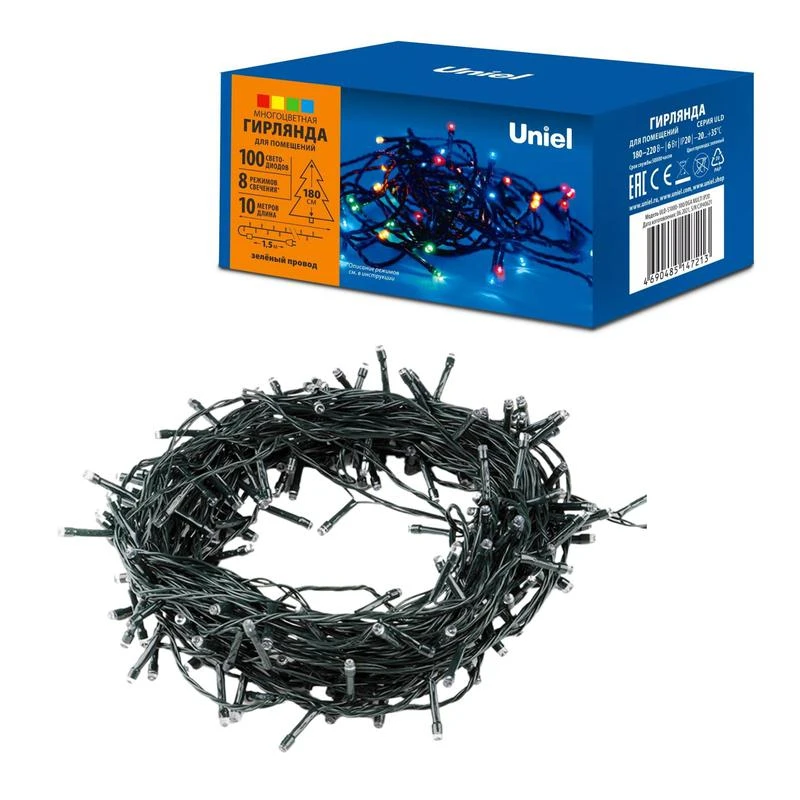 UL-00008405 Uniel | Гирлянда светодиодная ULD-S1000-100/DGA MULTI IP20 10м 100 LED разноцвет. свет провод зел.  