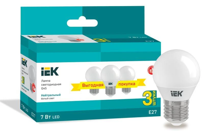 LLE-G45-07-230-40-E27-3 IEK | Лампа светодиодная 7Вт G45 шар 4000К нейтр. бел. E27 230В (уп.3шт)  