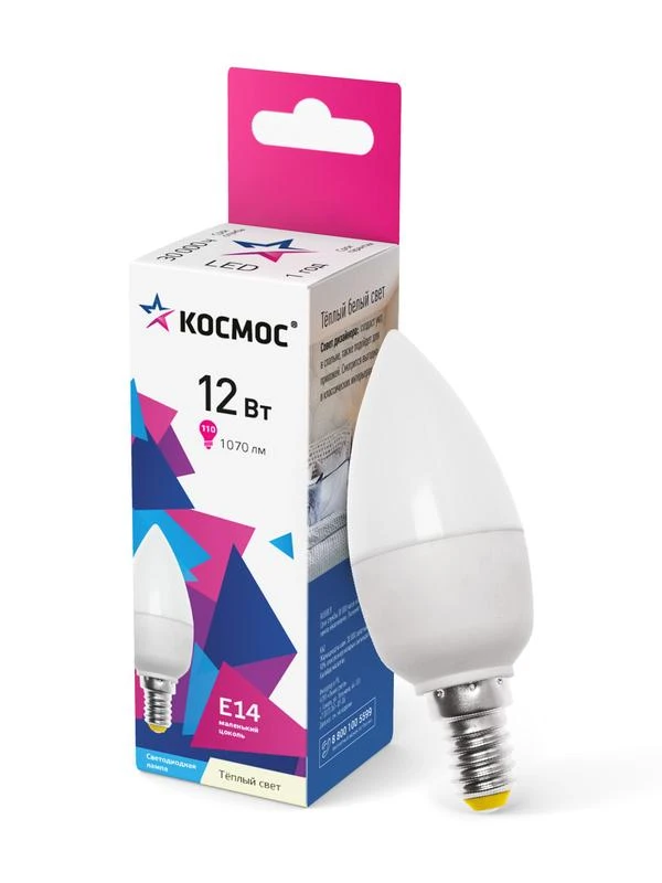 LkecLED12wCNE1430 КОСМОС | Лампа светодиодная CN 12Вт 3000К E14 1070лм 174-265В  