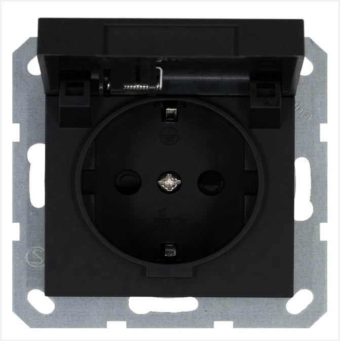 G5505PB Jasmart | Розетка 1-м Shuko 16А IP20 с заземл. защ. шторки с крышкой механизм черн. матов. soft touch  