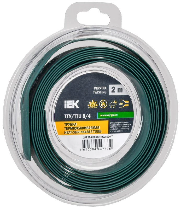 IEK  | Трубка термоусадочная ТТУ нг-LS 8/4 зел. (уп.2м)  UDR12-008-004-002-K06-T