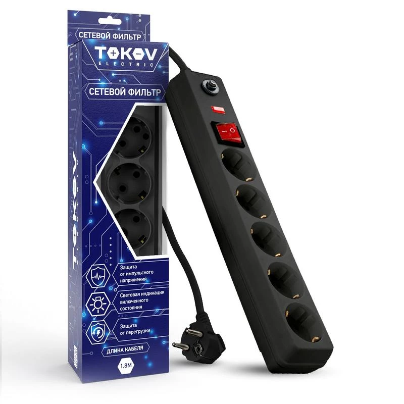 TKE-C05-SF5-1.8-ZV TOKOV ELECTRIC | Удлинитель с сетевым фильтром 5х1.8м с заземл. с выкл. 16А с защ. от скачков напр. и перегрузок 3х1 черн.  