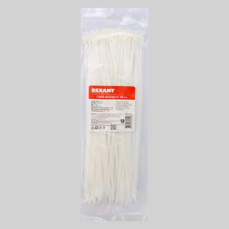 07-0300 Rexant | Хомут кабельный 3.6х300 петлевой нейлон бел. (уп.100шт)  