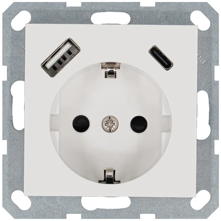 G5501USB-25W Jasmart | Розетка Shuko 16А с заземл. защ. шторки с 2-мя заряд. устройствами USB тип A+C 25Вт механизм бел. глянцевый  