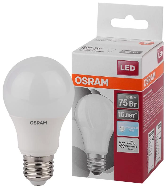 4052899971561 LEDVANCE | Лампа светодиодная LED Star Classic A 75 8.5W/865 8.5Вт грушевидная матовая 6500К холод. бел. E27 806лм 220-240В пластик. OSRAM 