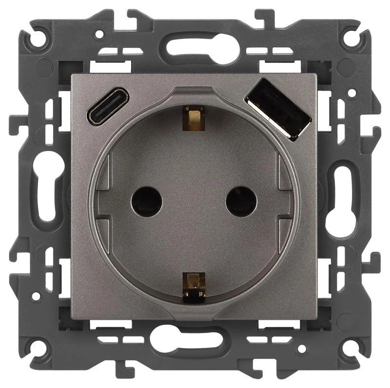 Б0067695 Эра | Розетка Elegance 14-4108-16 16A 250В 2P+E защ. шторки с USB type-A+C 3А 5В титан  