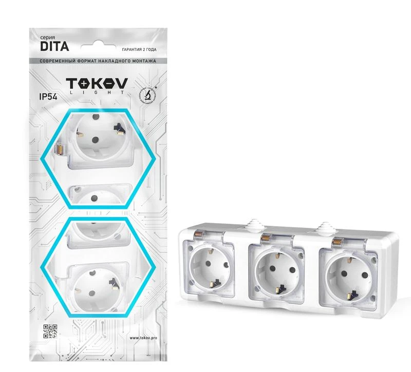 TKL-DT-R3Z-C01T-IP54 TOKOV ELECTRIC | Розетка 3-м ОП Dita 16А IP54 250В с заземл. с прозр. крышкой бел. 