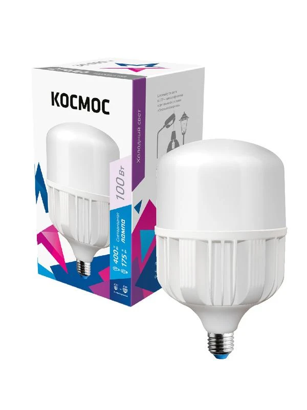 LksmHWLED100WE2765 КОСМОС | Лампа светодиодная высокомощная HWLED 100Вт 6500К холод. бел. E27 220В (переходник с E27 на E40 в компл.)  