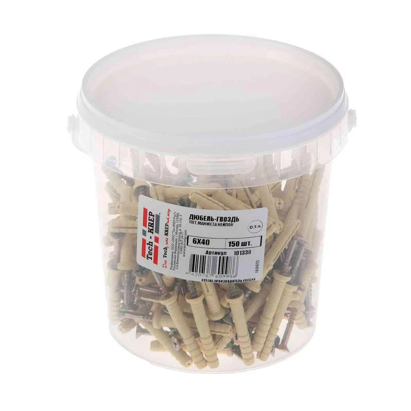 101330 Tech-KREP | Дюбель-гвоздь 6х40 пот. манжета (нейлон) (уп.150шт)  