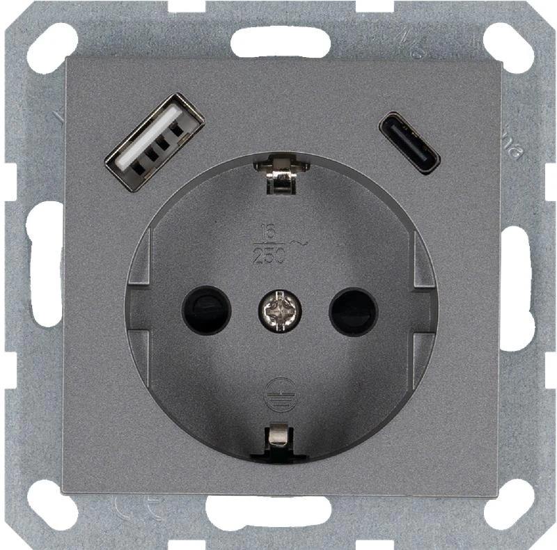 G5501USB-25S Jasmart | Розетка Shuko 16А с заземл. защ. шторки с 2-мя заряд. устройствами USB тип A+C 25Вт механизм алюм.  