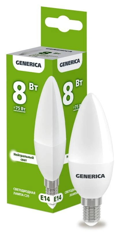 GENERICA  | Лампа светодиодная C35 8Вт свеча 4000К E14 230В  LL-C35-08-230-40-E14-G
