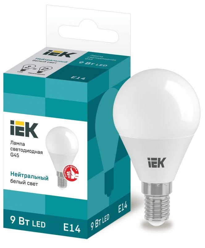 IEK  | Лампа светодиодная Eco G45 9Вт шар 4000К нейтр. бел. E14 230В  LLE-G45-9-230-40-E14