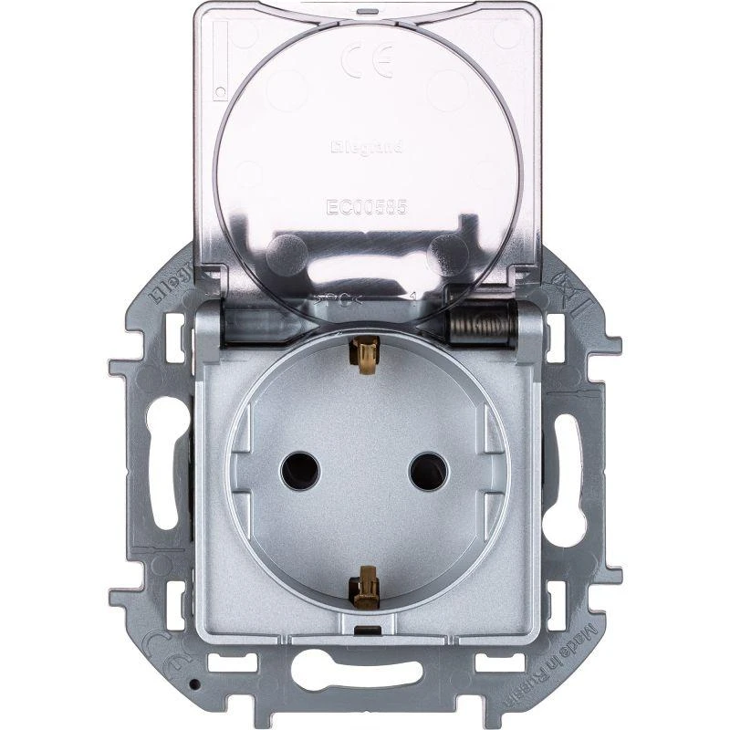 Inspiria(группа Legrand)  | Розетка 1-м СП Inspiria 16А IP44 250В 2P+E защ. шторки с крышкой немецк. стандарт механизм алюм. Leg 673742