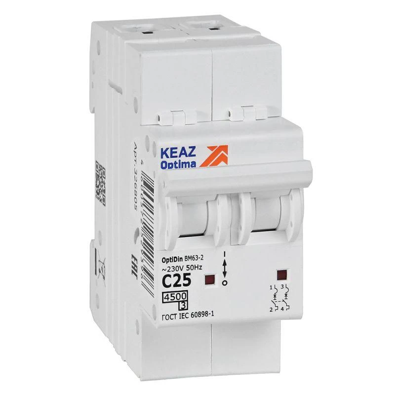 326805 КЭАЗ | Выключатель автоматический модульный 2п C 25А 4.5кА OptiDin BM63-2C25-4.5-УХЛ3  
