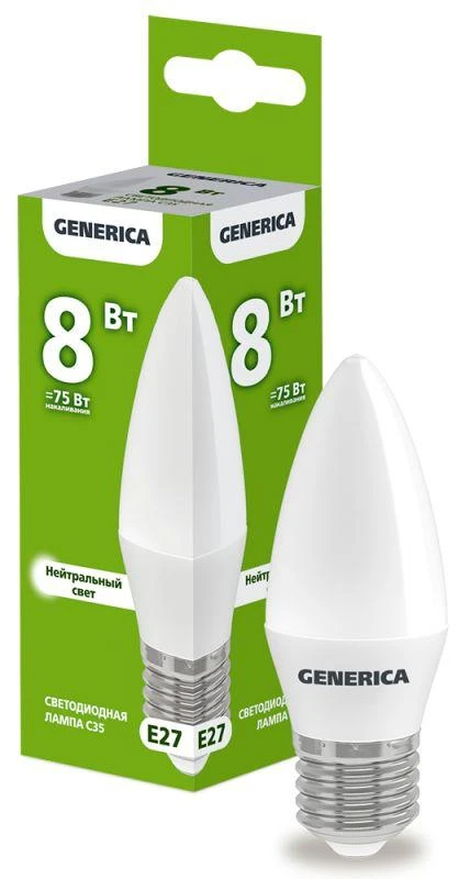 GENERICA  | Лампа светодиодная C35 8Вт свеча 4000К E27 230В  LL-C35-08-230-40-E27-G