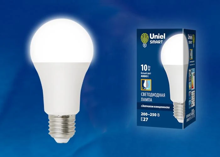 UL-00005710 Uniel | Лампа светодиодная LED-A60-10W/4000K/E27 /PS PLS10WH 10Вт матовая 4000К нейтр. бел. E27 с датчиком освещенности (упак. картон)  