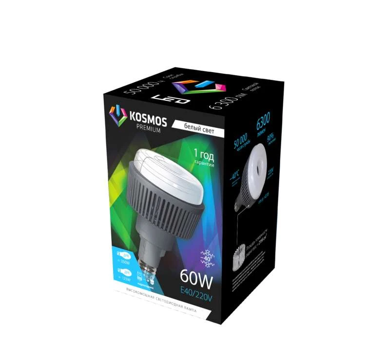 KHWLED60WE4045 КОСМОС | Лампа светодиодная KOSMOS premium 60Вт 6300Лм 230В E40 4500К (переходник с E40 на E27 в комплекте) Космос 