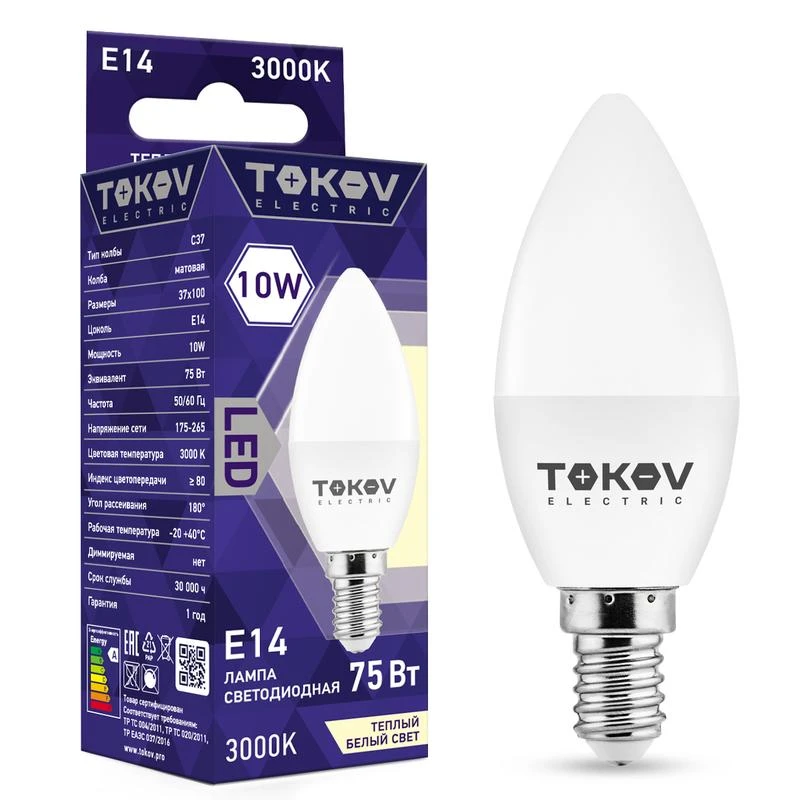 TKE-C37-E14-10-3K TOKOV ELECTRIC | Лампа светодиодная 10Вт С37 3000К Е14 176-264В  