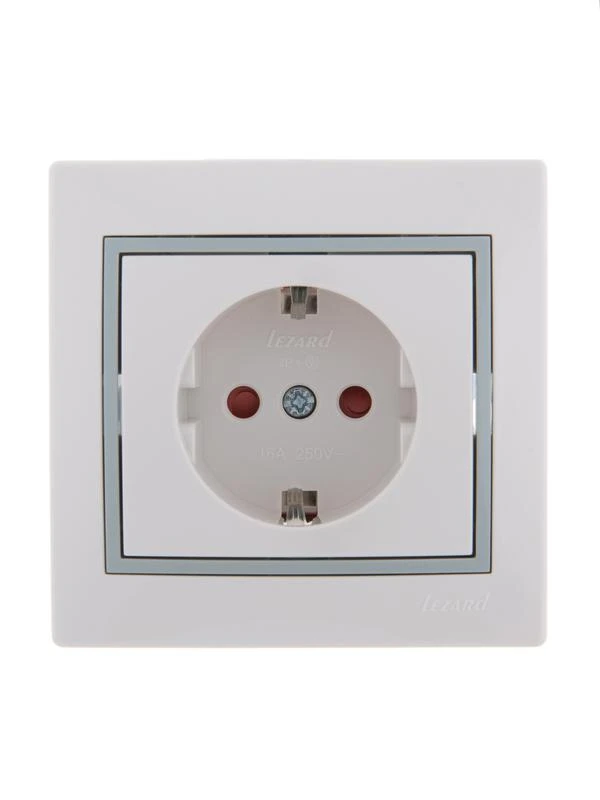 701-0215-124 LEZARD | Розетка 1-м СП Mira 16А IP20 с заземл. защ. шторки с сер. вставкой керамика бел.  