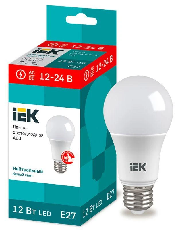 IEK  | Лампа светодиодная 12Вт A60 грушевидная 4000К нейтр. бел. E27 12-24В низковольтная  LLE-A60-12-12-24-40-E27