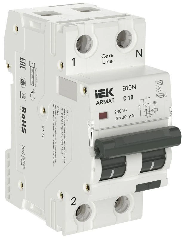 IEK  | Выключатель автоматический дифференциального тока 2п (1P+NP) C 10 30мА тип A АВДТ B10N 36мм ARMAT  AR-B10N-1N-C010A030