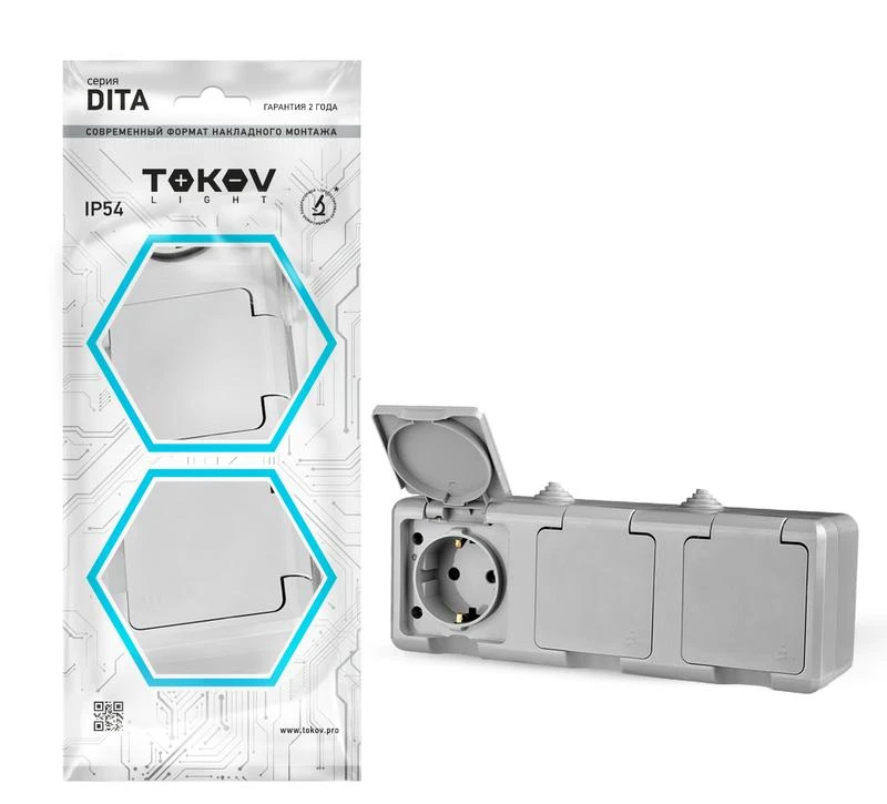 TKL-DT-R3Z-C06-IP54 TOKOV ELECTRIC | Розетка 3-м ОП Dita 16А IP54 250В с заземл. с сер. крышкой сер.  