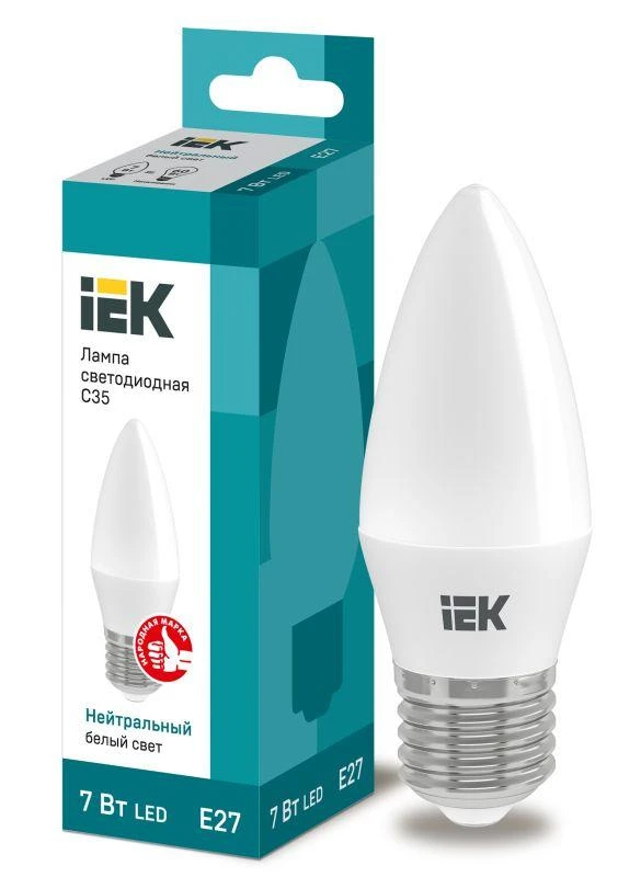 IEK  | Лампа светодиодная Eco 7Вт C35 свеча 4000К нейтр. бел. E27 230В  LLE-C35-7-230-40-E27