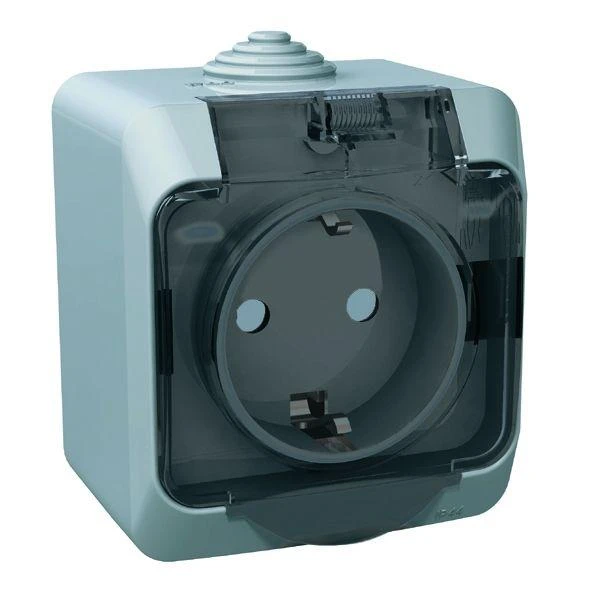 PA16-044C Systeme Electric | Розетка 1-м ОП Этюд 16А IP44 250В с заземл. защ. шторки с крышкой сер. SE 