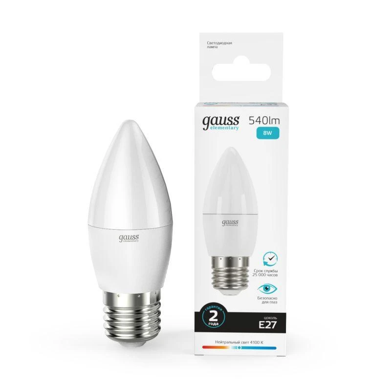 33228 GAUSS | Лампа светодиодная Elementary 8Вт свеча 4100К нейтр. бел. E27 540лм  