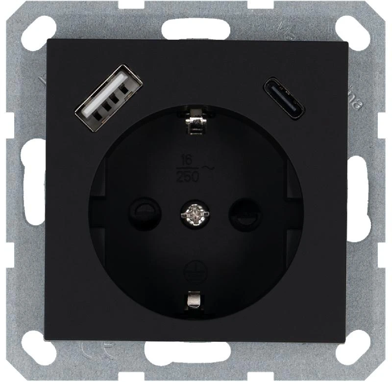 G5501USB-25PB Jasmart | Розетка Shuko 16А с заземл. защ. шторки с 2-мя заряд. устройствами USB тип A+C 25Вт механизм черн. матов. soft touch  