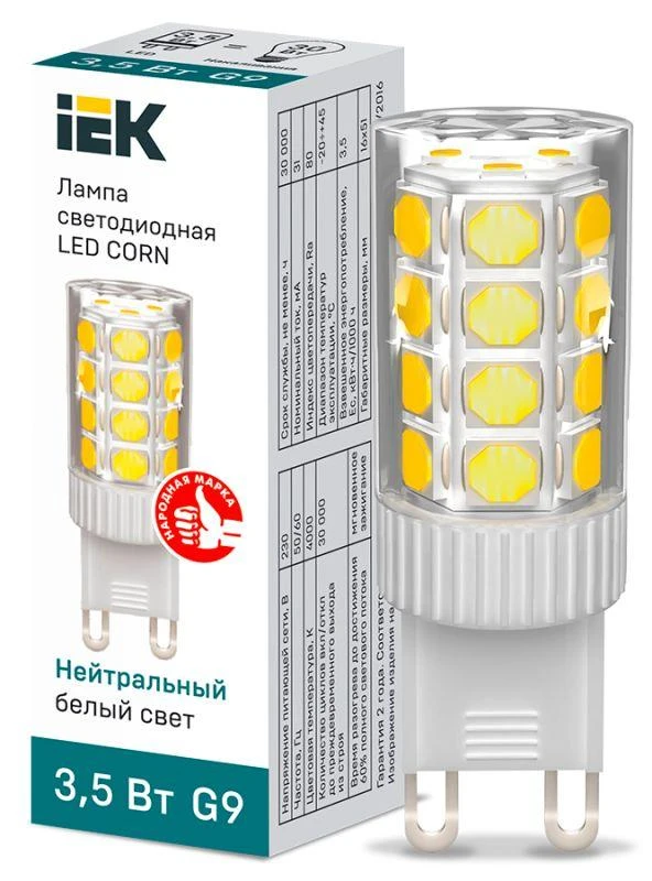 IEK  | Лампа светодиодная Corn 3.5Вт капсульная 4000К нейтр. бел. G9 230В керамика  LLE-Corn-4-230-40-G9