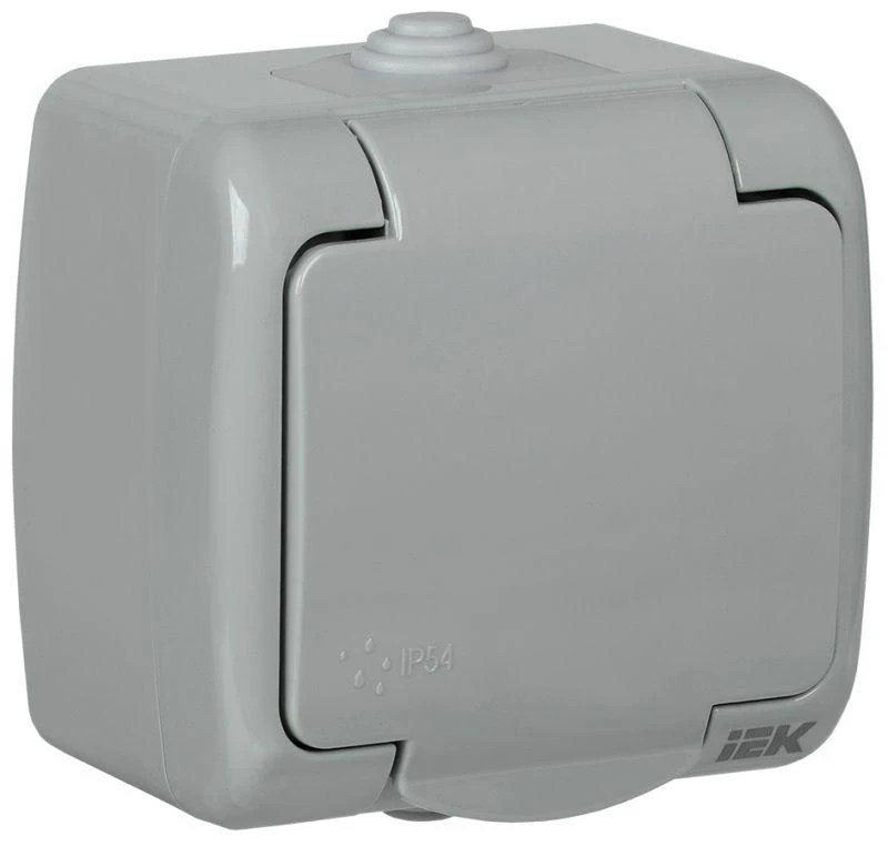 IEK  | Розетка 1-м ОП Aquatic РСш12-2-А 16А IP54 с заземл. с крышкой сер.  ERA12-K03-16-54