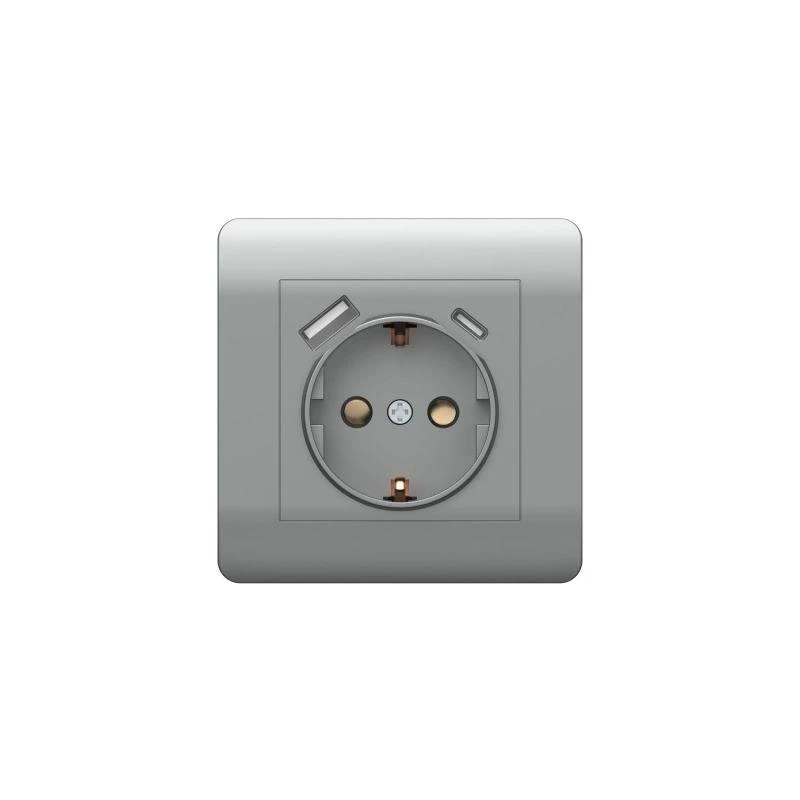 431454 CHINT | Розетка NEW3-E 16А с заземл. защ. шторки с 2-мя заряд. устройствами USB A+C 5В/2.1А серебр.  