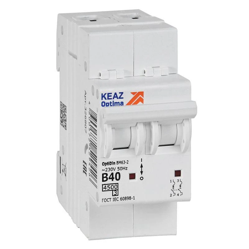 329514 КЭАЗ | Выключатель автоматический модульный 2п B 40А 4.5кА OptiDin BM63-2B40-4.5-УХЛ3  