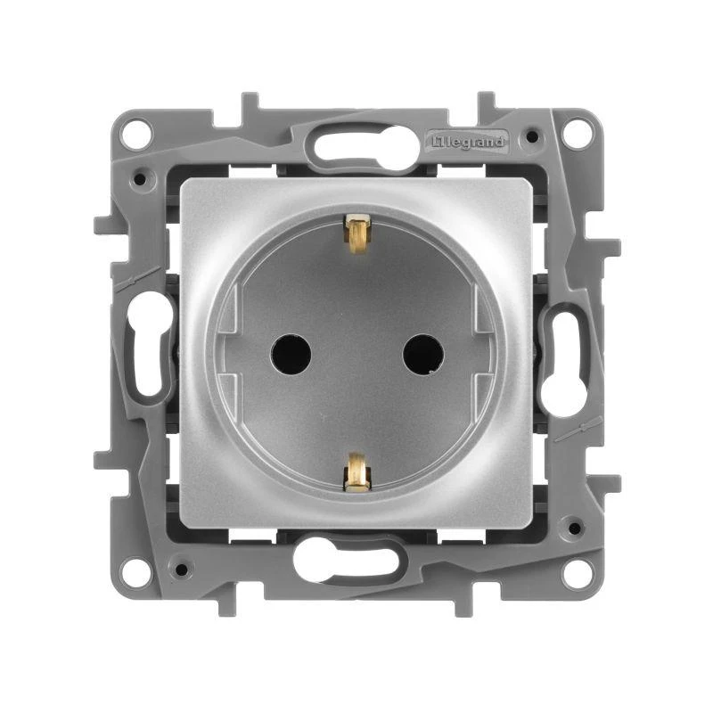 Legrand  | Розетка 1-м СП Etika 16А IP31 250В 2P+E с заземл. защ. шторки немецк. стандарт винтов. клеммы механизм алюм. Leg 672422