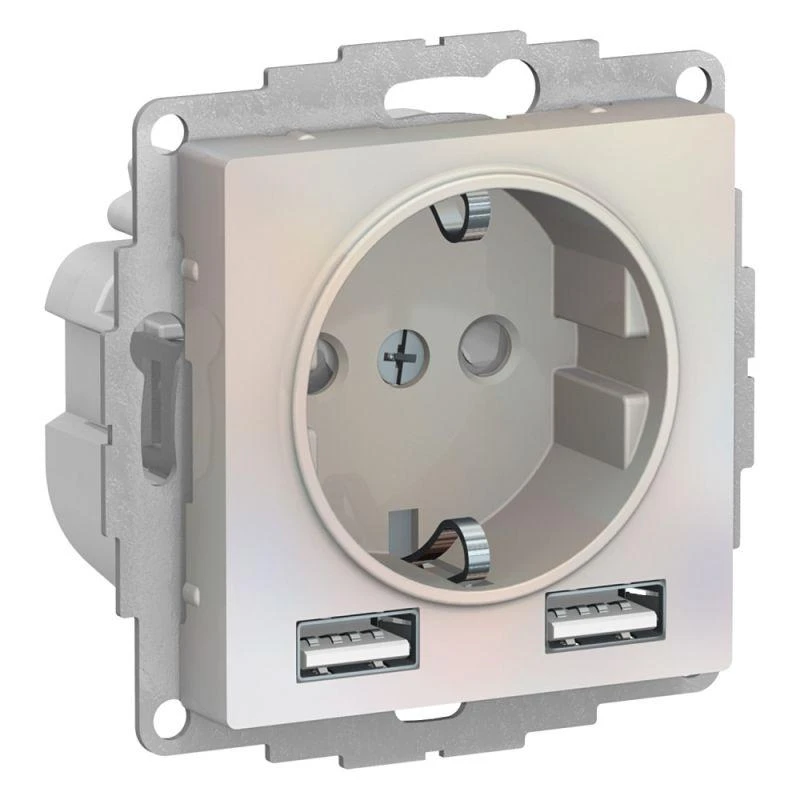 ATN000430 Systeme Electric | Розетка 1-м СП AtlasDesign 16А IP20 с 2-мя заряд. устройствами USB тип A+A 5В/2.4А 2х5В/1.2А механизм жемчуж. SE 