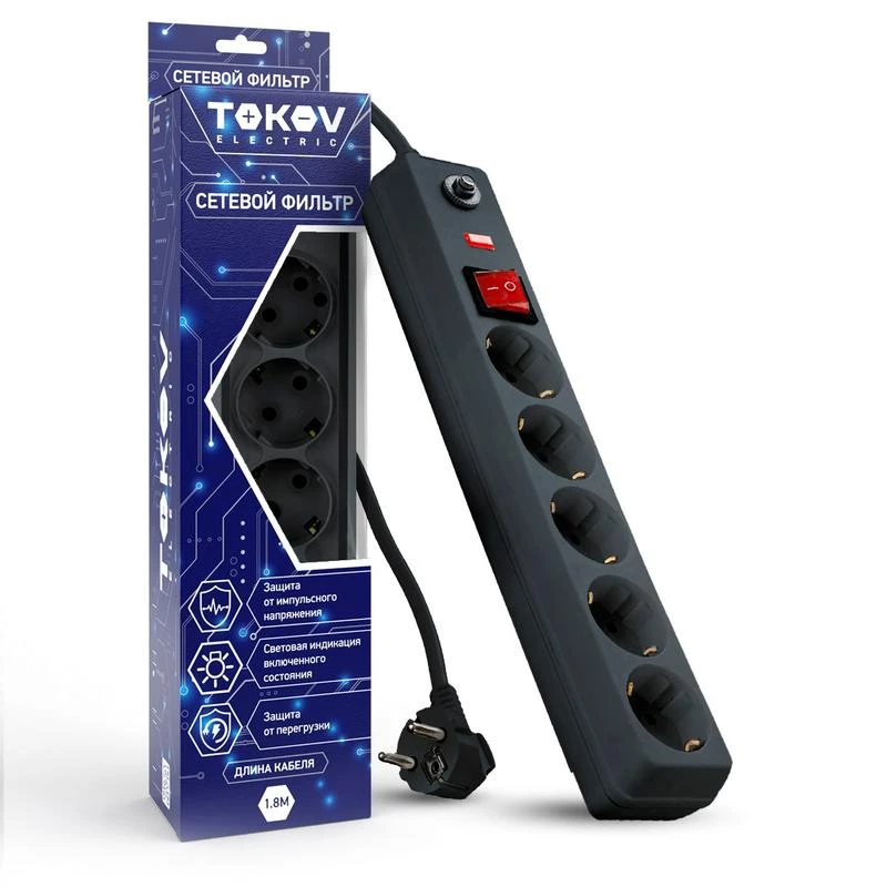 TKE-C06-SF5-1.8-ZV TOKOV ELECTRIC | Удлинитель с сетевым фильтром 5х1.8м с заземл. с выкл. 16А с защ. от скачков напр. и перегрузок 3х1 сер.  