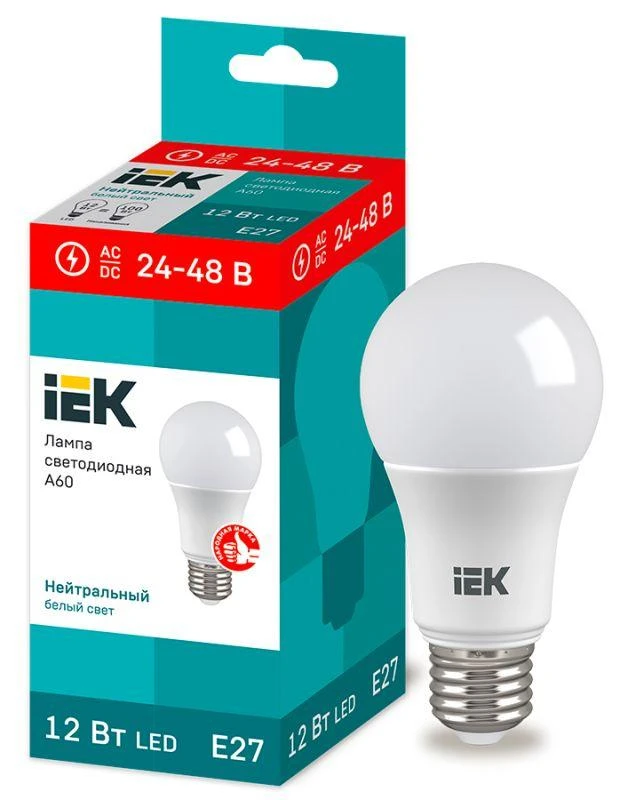 IEK  | Лампа светодиодная 12Вт A60 грушевидная 4000К нейтр. бел. E27 24-48В низковольтная  LLE-A60-12-24-48-40-E27