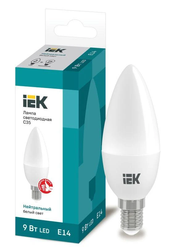 IEK  | Лампа светодиодная Eco 9Вт C35 свеча 4000К нейтр. бел. E14 230В  LLE-C35-9-230-40-E14