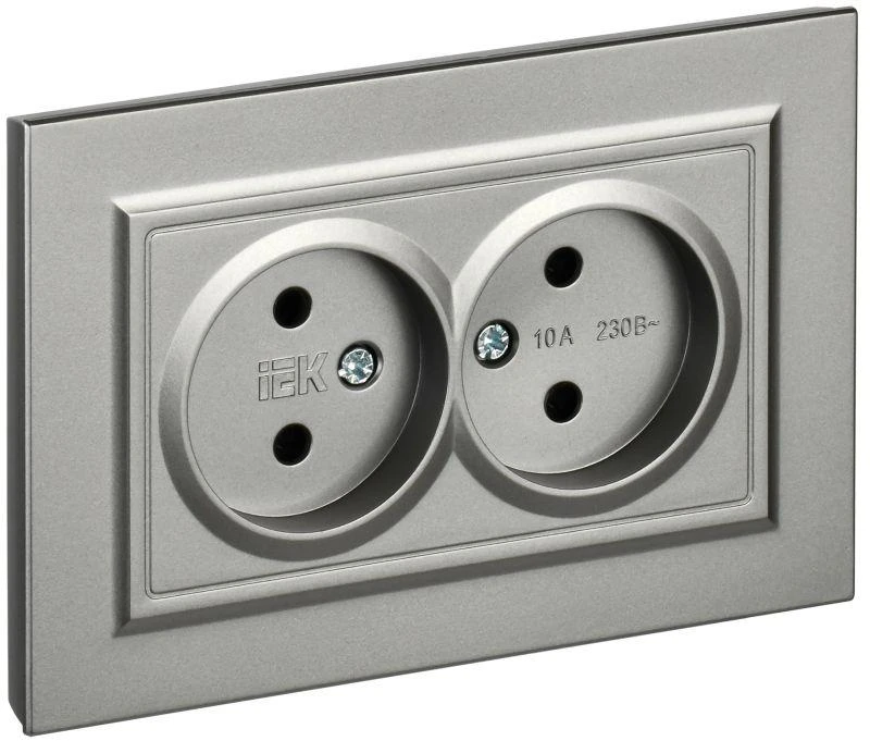 IEK  | Розетка 2-м СП BRITE РС12-2-БрС 10А в сборе без заземл. без защ. шторок сталь  BR-R20-10-K46-F