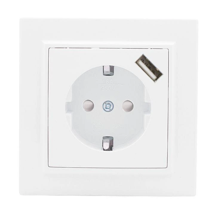 ERR16-028-100-USB EKF | Розетка 1-м СП Минск 16А IP20 с заземл. защ. шторки с заряд. устройством USB 1А бел.  