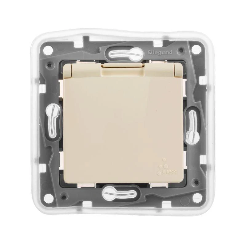 672332 Legrand | Розетка 1-м СП Etika 16А IP44 2P+E с заземл. защ. шторки с крышкой немецк. стандарт безвинт. клеммы механизм сл. кость Leg 