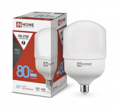 4690612031149 IN HOME | Лампа светодиодная высокомощная LED-HP-PRO 80Вт цилиндр 6500К холод. бел. E27 7600лм 230В с адаптером E40  