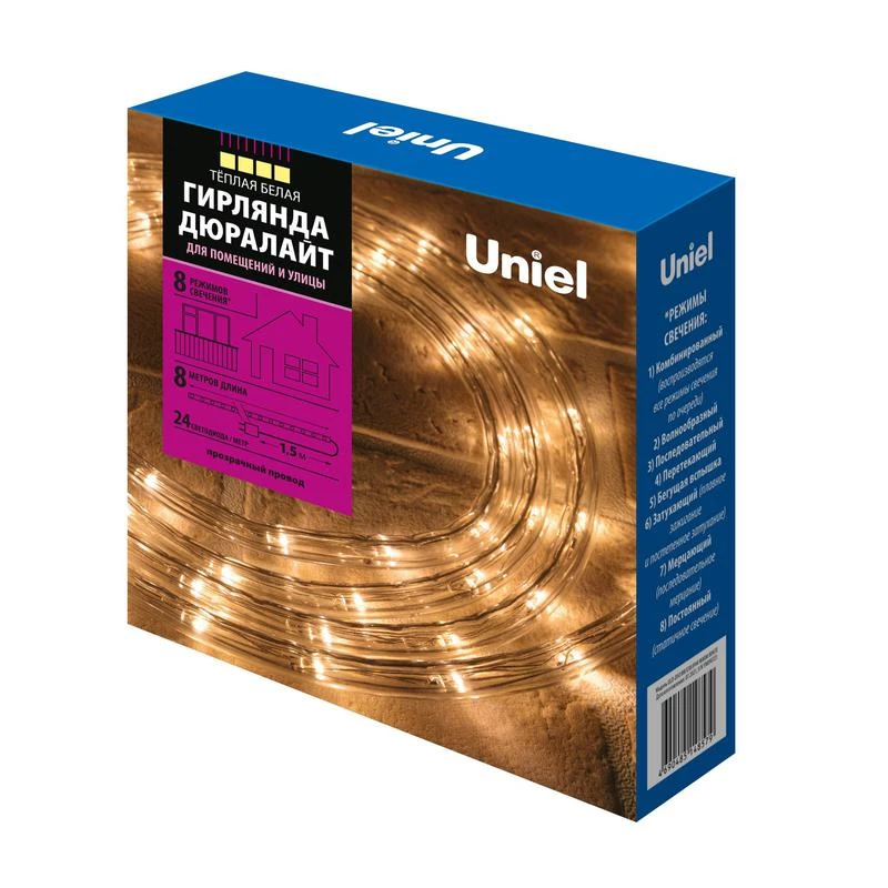 UL-00008572 Uniel | Гирлянда светодиодная ULD-D50 8M/С08 IP44 WARM WHITE Дюралайт 8м с контроллером тепл. бел. свет. провод бел.  