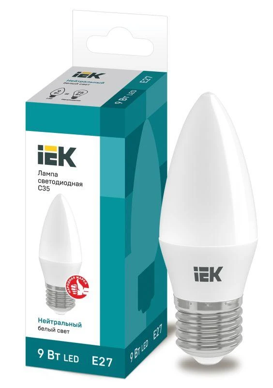 IEK  | Лампа светодиодная Eco 9Вт C35 свеча 4000К нейтр. бел. E27 230В  LLE-C35-9-230-40-E27