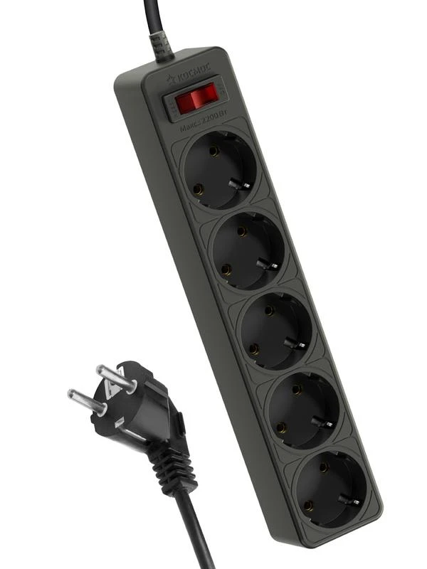 FKsm1.8m-5g(B) КОСМОС | Удлинитель с сетевым фильтром 5х1.8м с заземл. 10А IP20 2.2кВт ПВС 3х0.75 с выкл. с индикатором сети черн.  