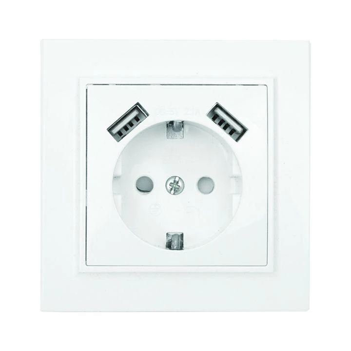 ERR16-028-100-2USB EKF | Розетка 1-м СП Минск 16А IP20 с заземл. защ. шторки с 2-мя заряд. устройствами USB 2.1А бел.  