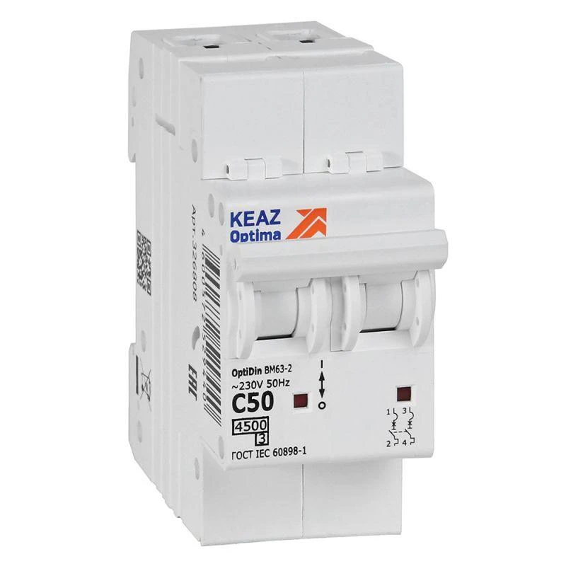 326808 КЭАЗ | Выключатель автоматический модульный 2п C 50А 4.5кА OptiDin BM63-2C50-4.5-УХЛ3  