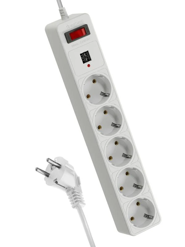 FKsm1.8m-5g(W)USB КОСМОС | Удлинитель с сетевым фильтром 5х1.8м с заземл. 10А IP20 2.2кВт 2хUSB 3х0.75 с предохранителем  